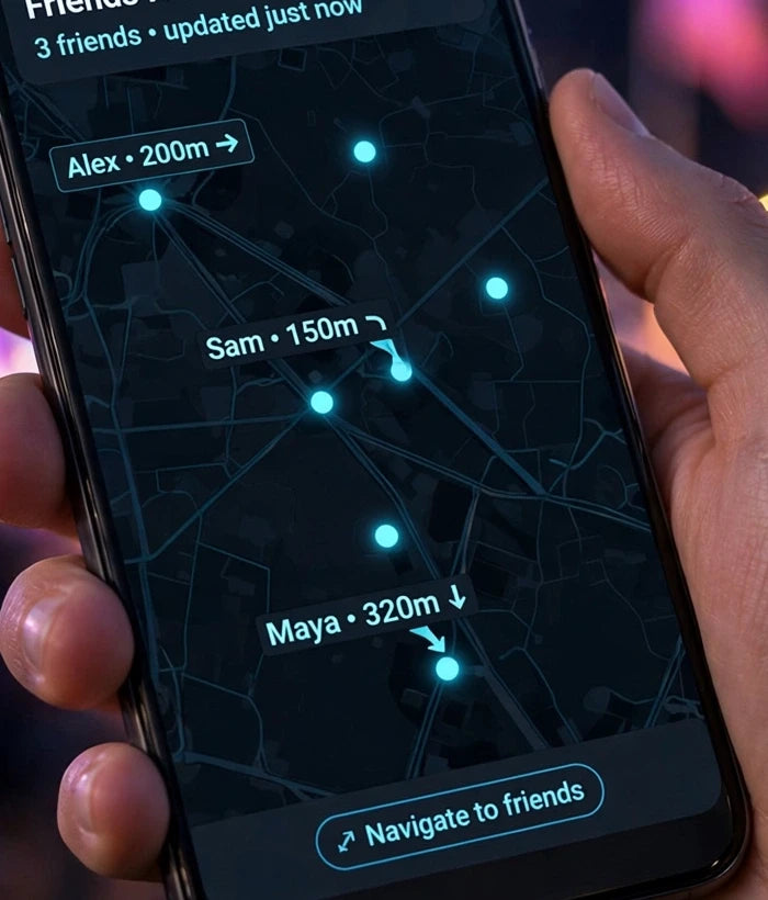 Close-up of the Everkin crew map with friends as glowing dots