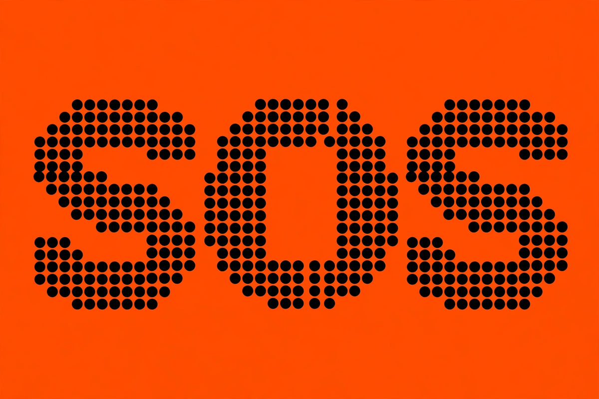SOS in black dot-matrix letters on a signal orange background