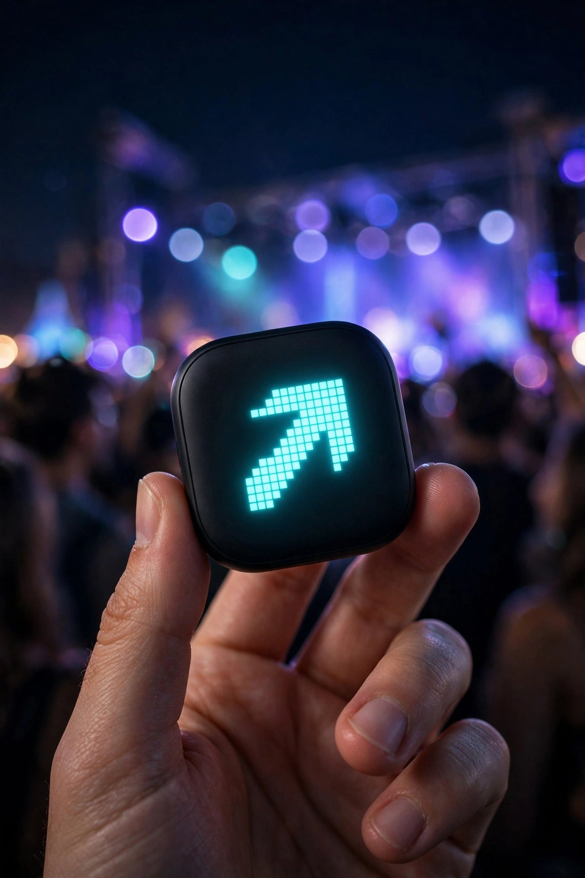 Hand holding the Everkin device at a nighttime festival