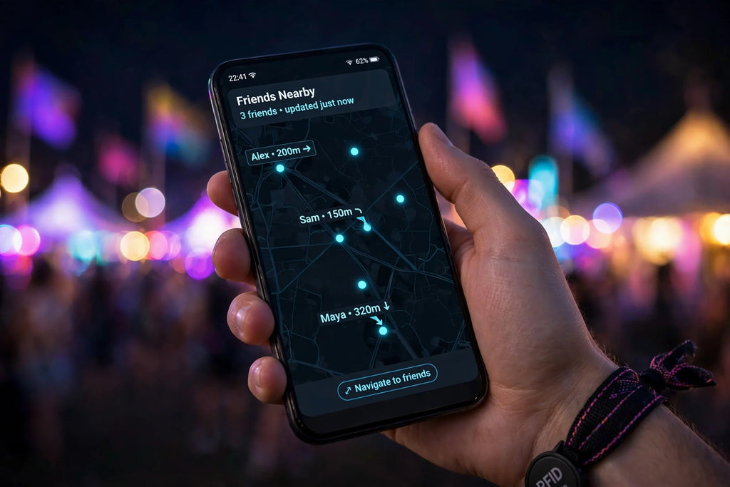 Hand holding a phone showing the Everkin crew map, friends as glowing dots with distances