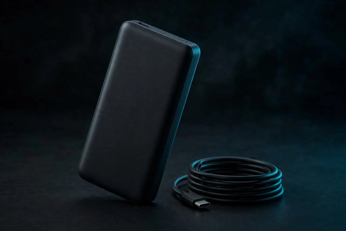 Everkin Slim Power Bank in matte black with a coiled USB-C cable