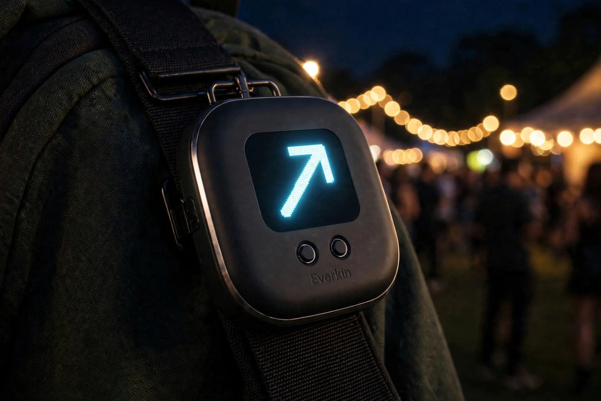 Everkin device attached to a backpack strap at a nighttime festival